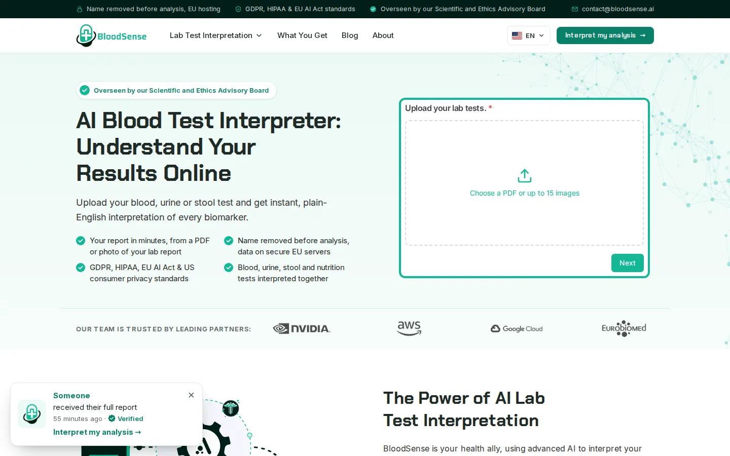 BloodSense AI Healthcare product interface screenshot