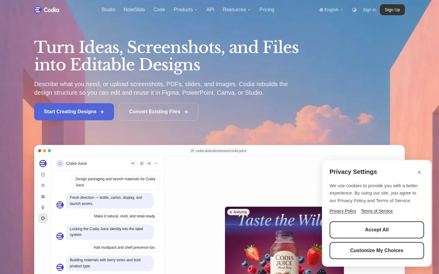 Codia AI Design Assistant product screenshot