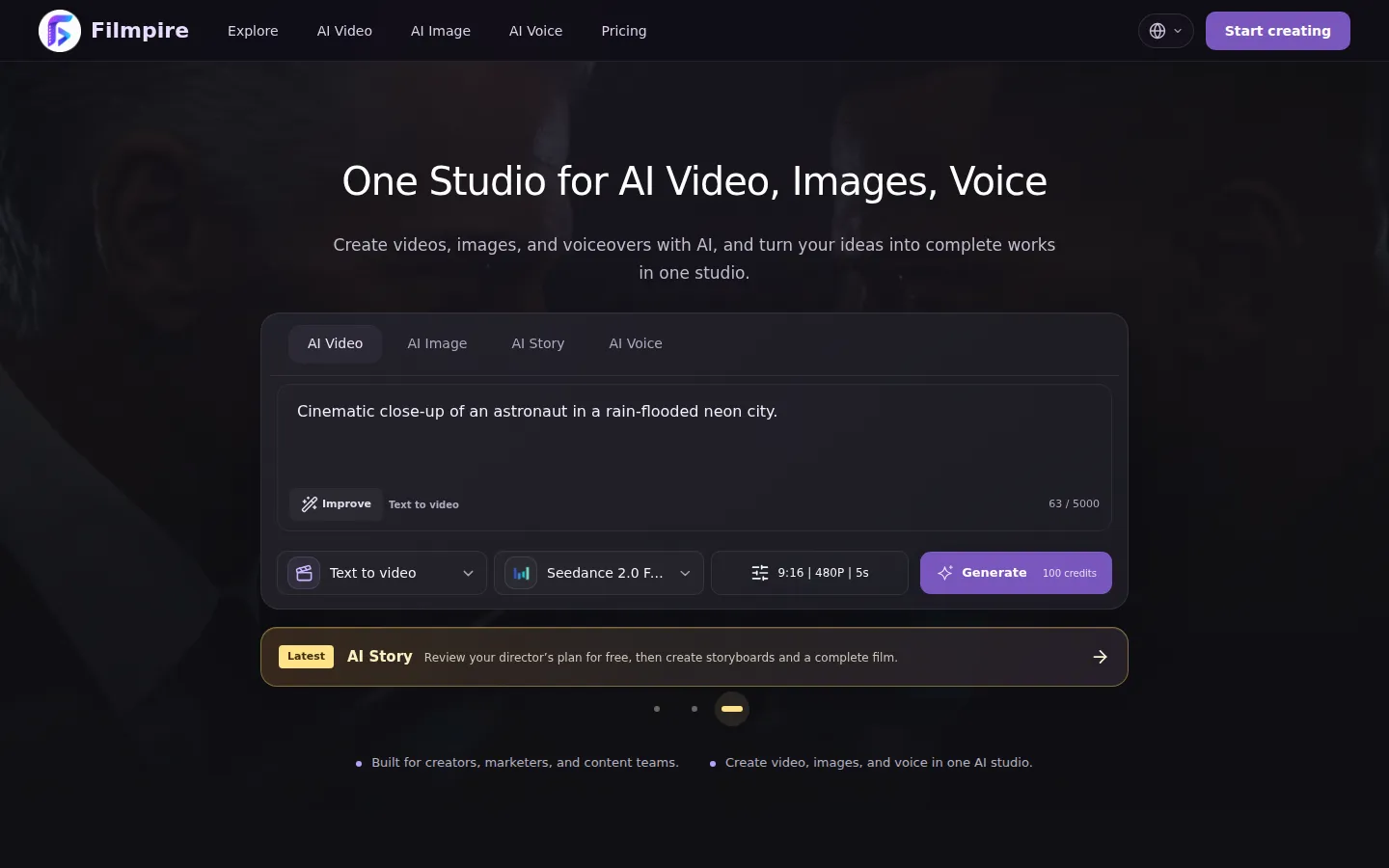 Filmpire AI Video Generator product interface screenshot