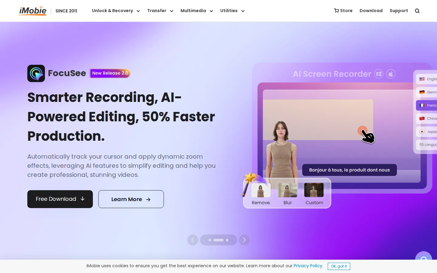 iMobie AI Video Enhancer product interface screenshot