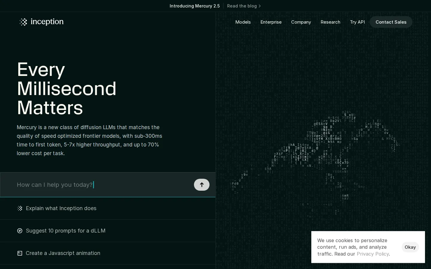 Inception Labs Large Language Models (LLMs) product interface screenshot