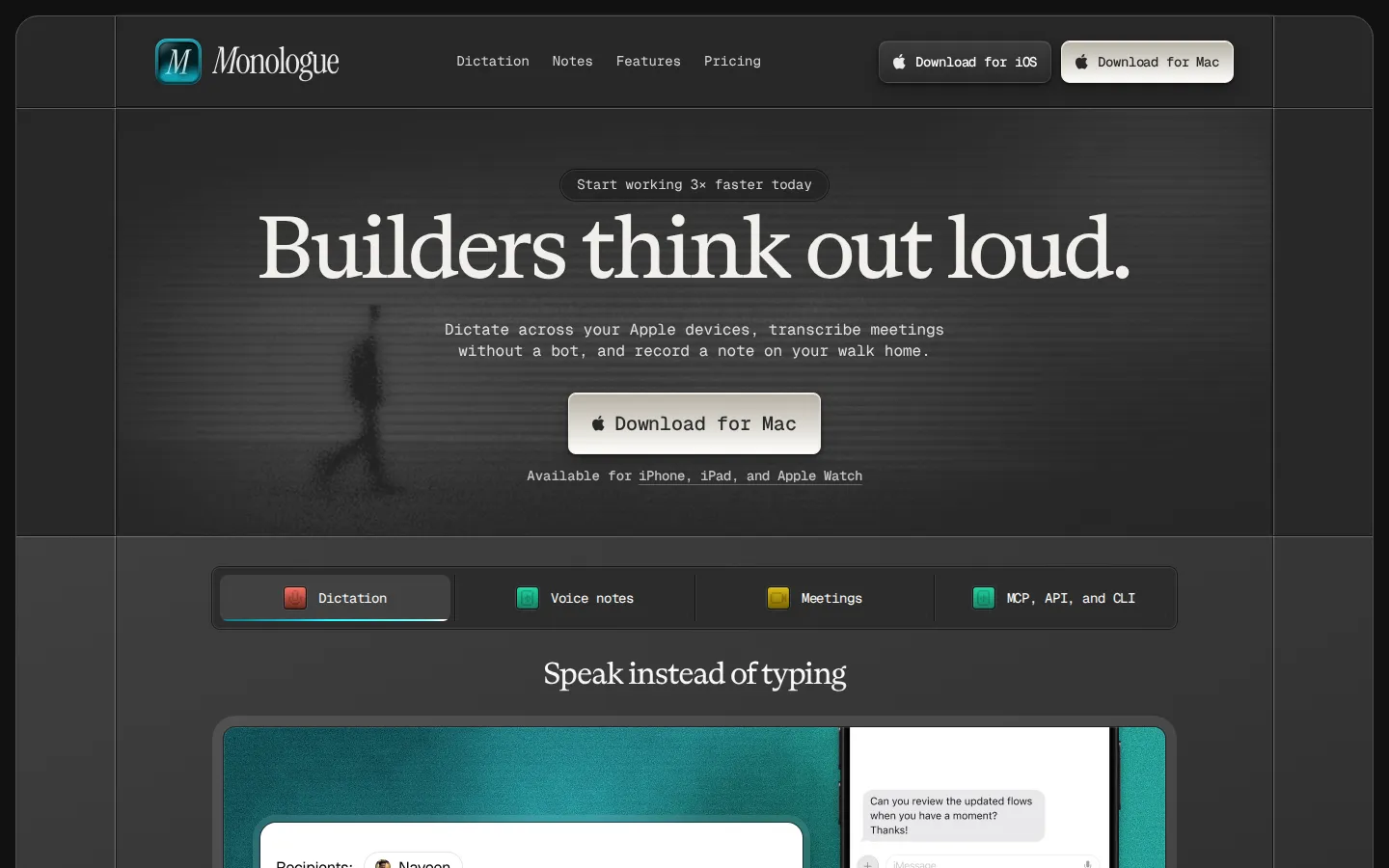 Monologue AI Transcription product interface screenshot