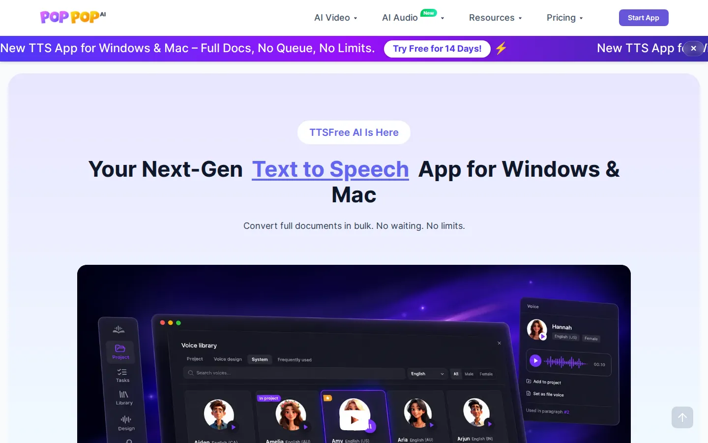 PopPop AI AI Text-to-Speech product interface screenshot