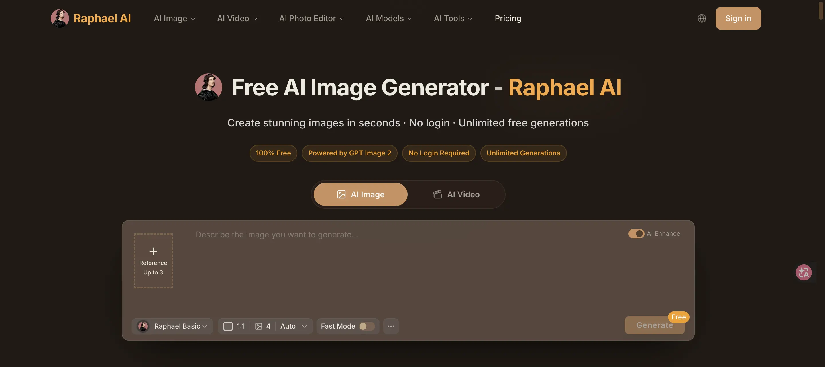 Raphael AI AI Image Generator product interface screenshot