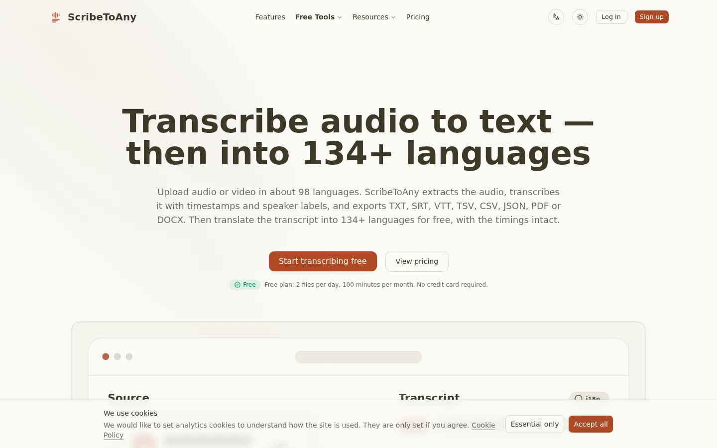 ScribeToAny AI Transcription product interface screenshot