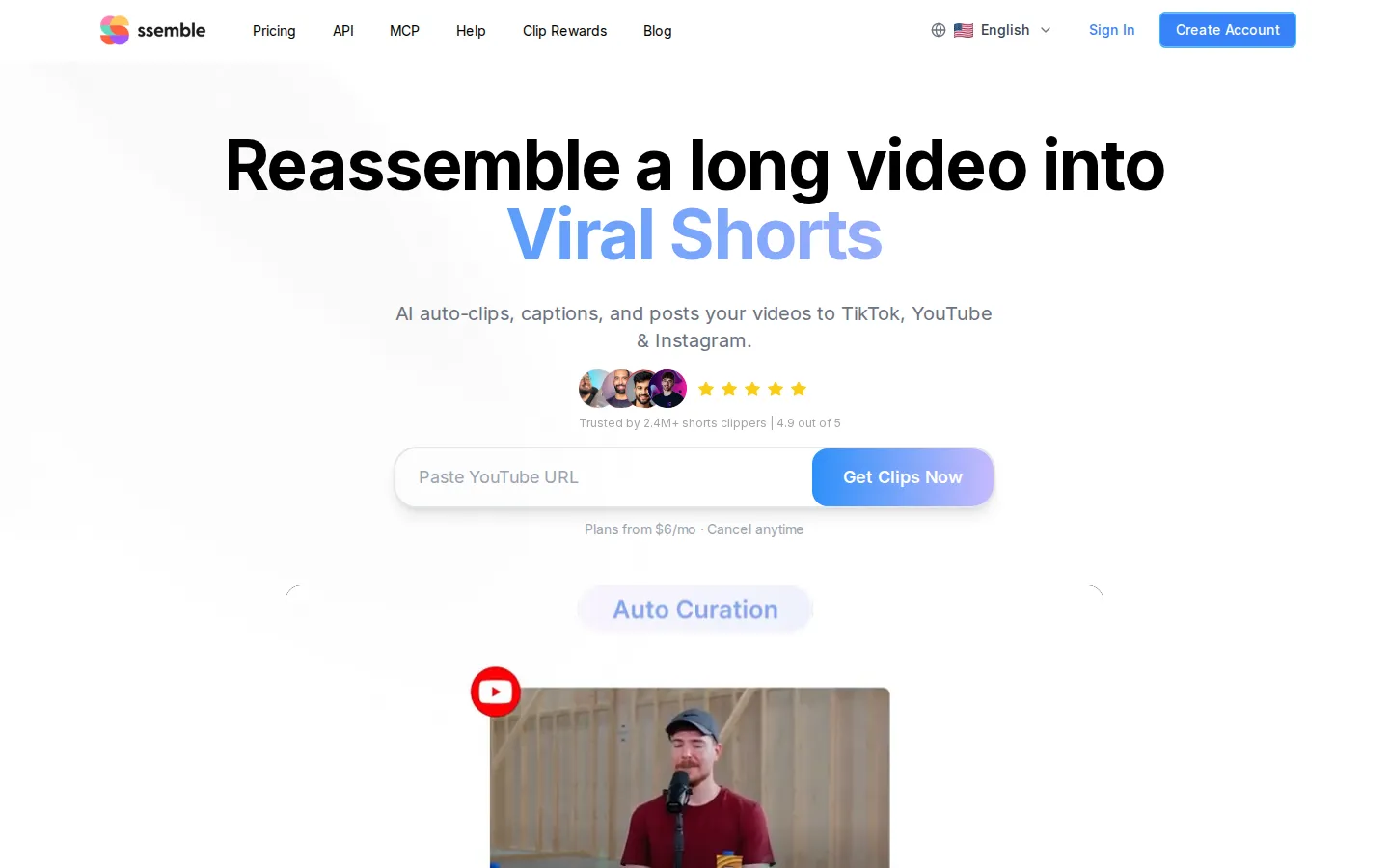 Ssemble Long Video To Short Video AI product interface screenshot
