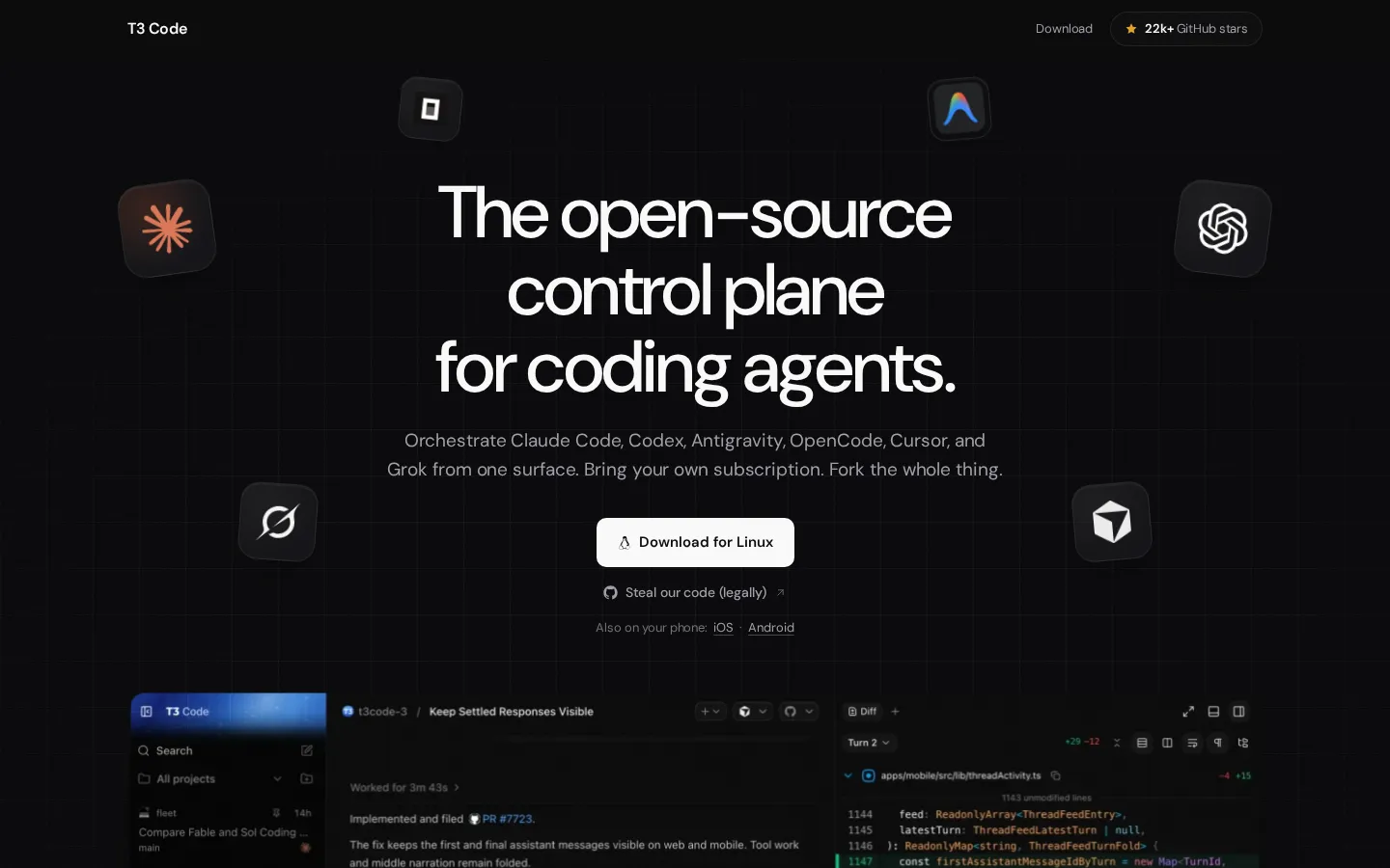 T3 Code AI Developer Tools product interface screenshot