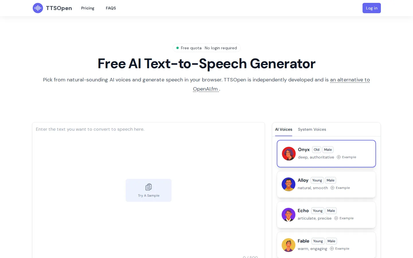 TTSOpen AI Text-to-Speech product interface screenshot