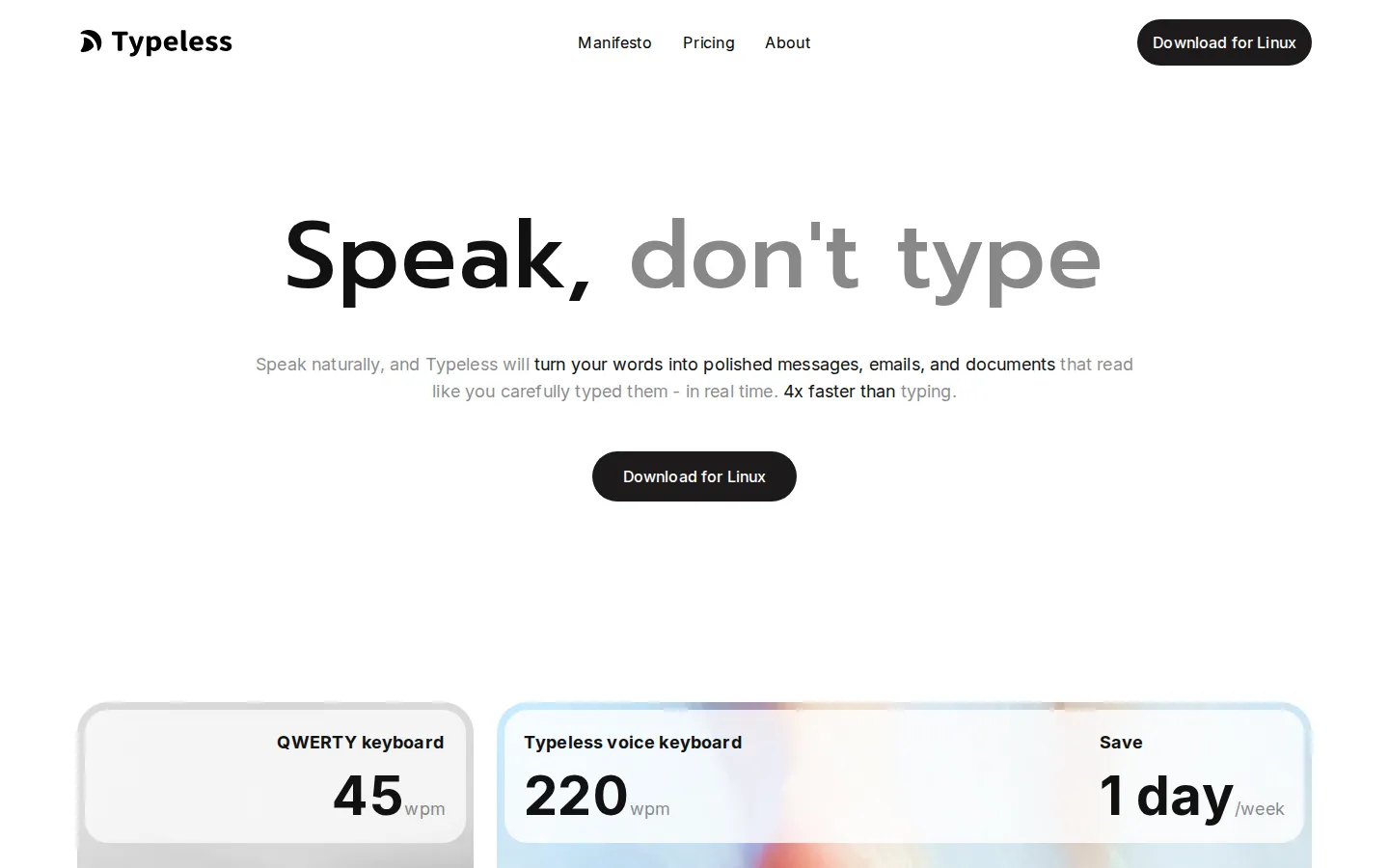 Typeless AI Transcription product interface screenshot