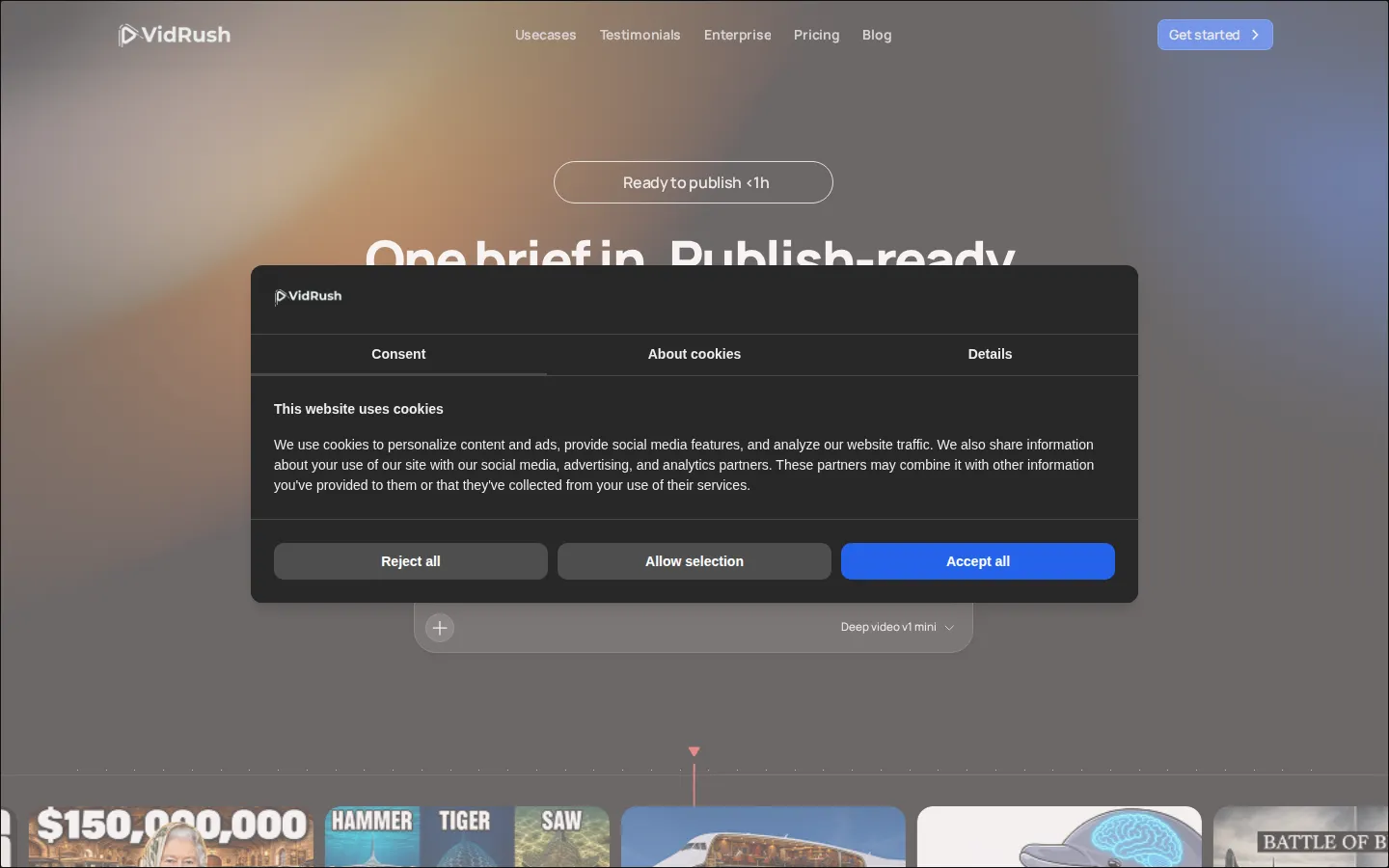 VidRush AI Video Generator product interface screenshot