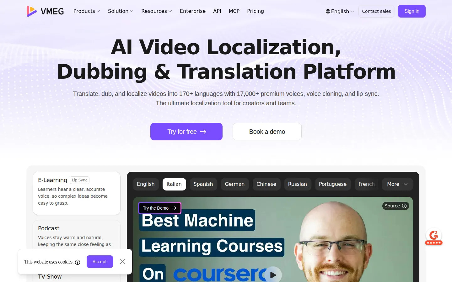VMEG AI AI Dubbing product interface screenshot