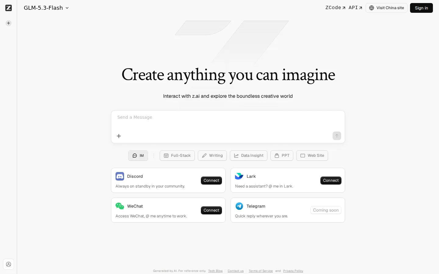 Z.ai AI Chatbot product interface screenshot