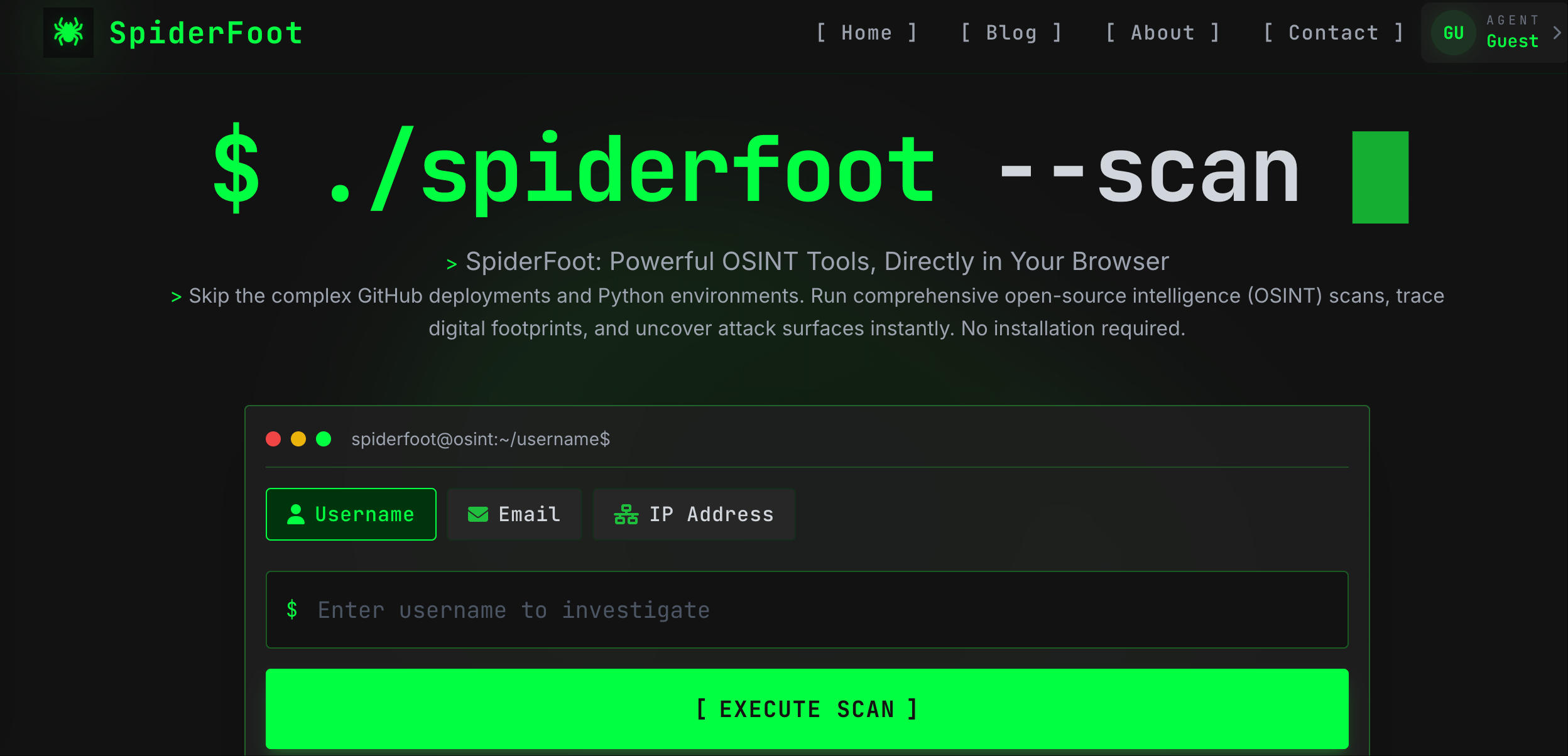 SpiderFoot.tools AI Research Tool product interface screenshot