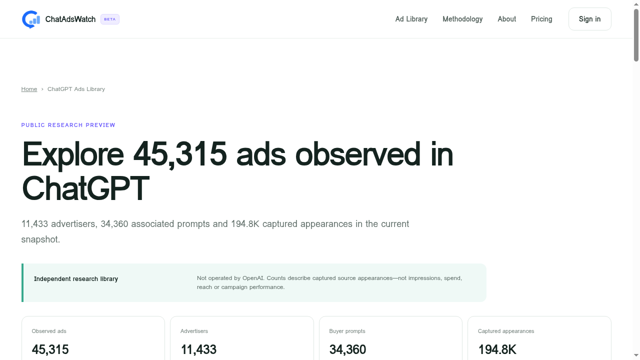 ChatAdsWatch AI Advertising product interface screenshot