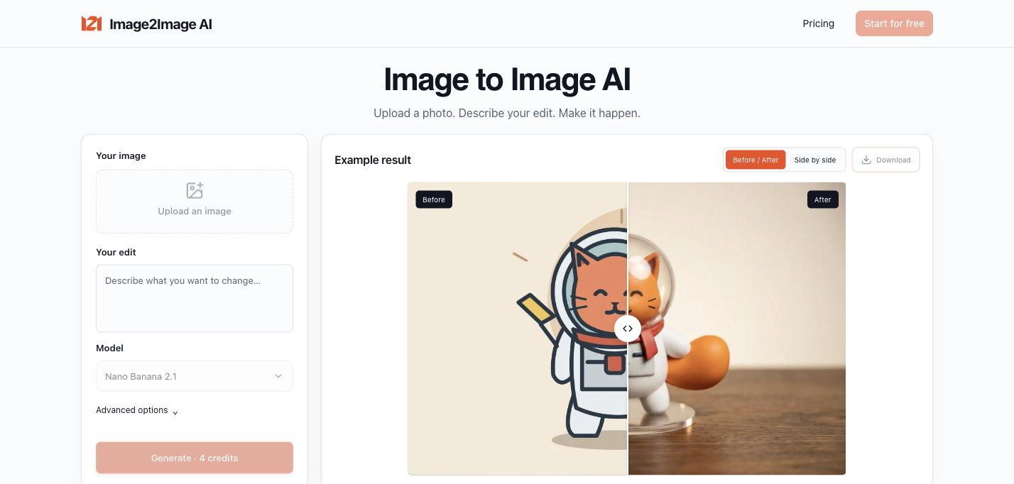 Image2Image AI AI Photo Editor product interface screenshot