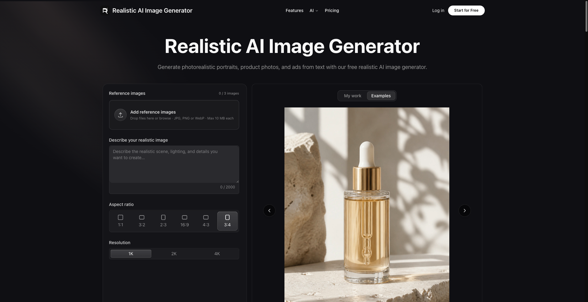 Realistic AI Image Generator AI Image Generator product interface screenshot