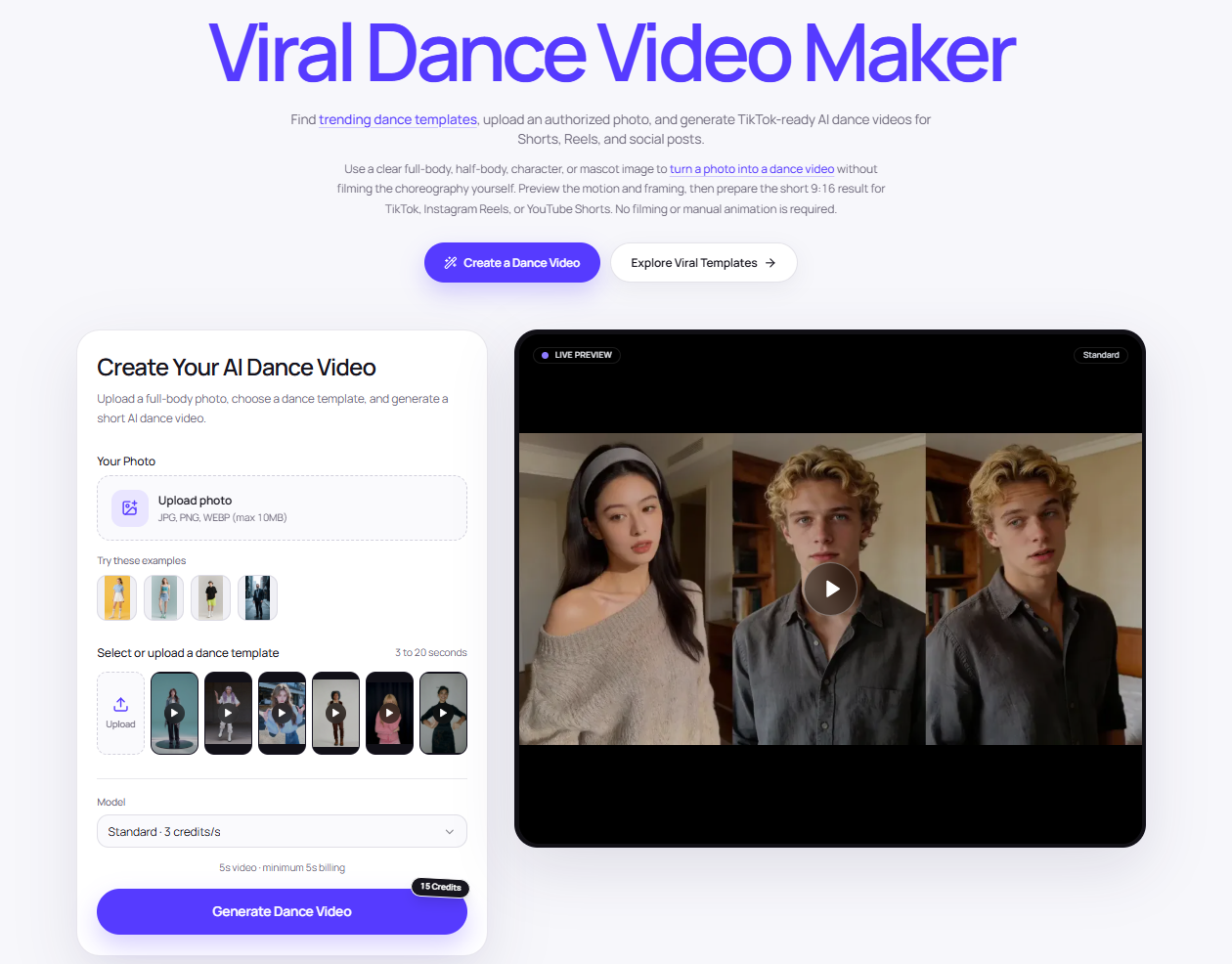 AI Viral Dance Generator AI Animated Video product interface screenshot