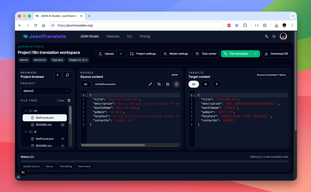 JsonTranslate AI Translate product interface screenshot
