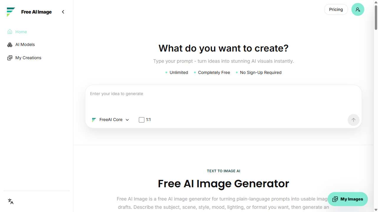 Free AI Image AI Image Generator product interface screenshot