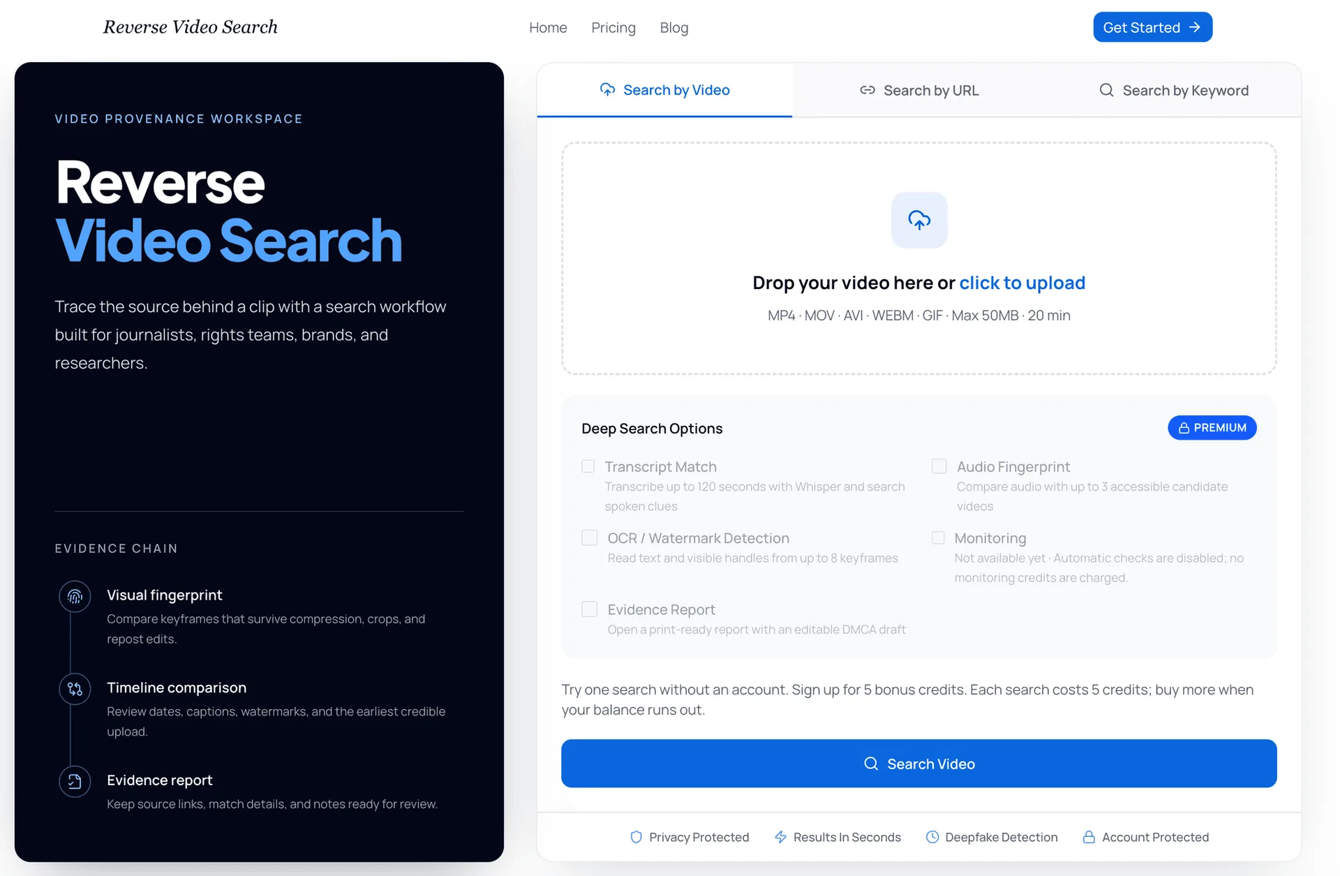 Reverse Video Search AI Video Search product interface screenshot