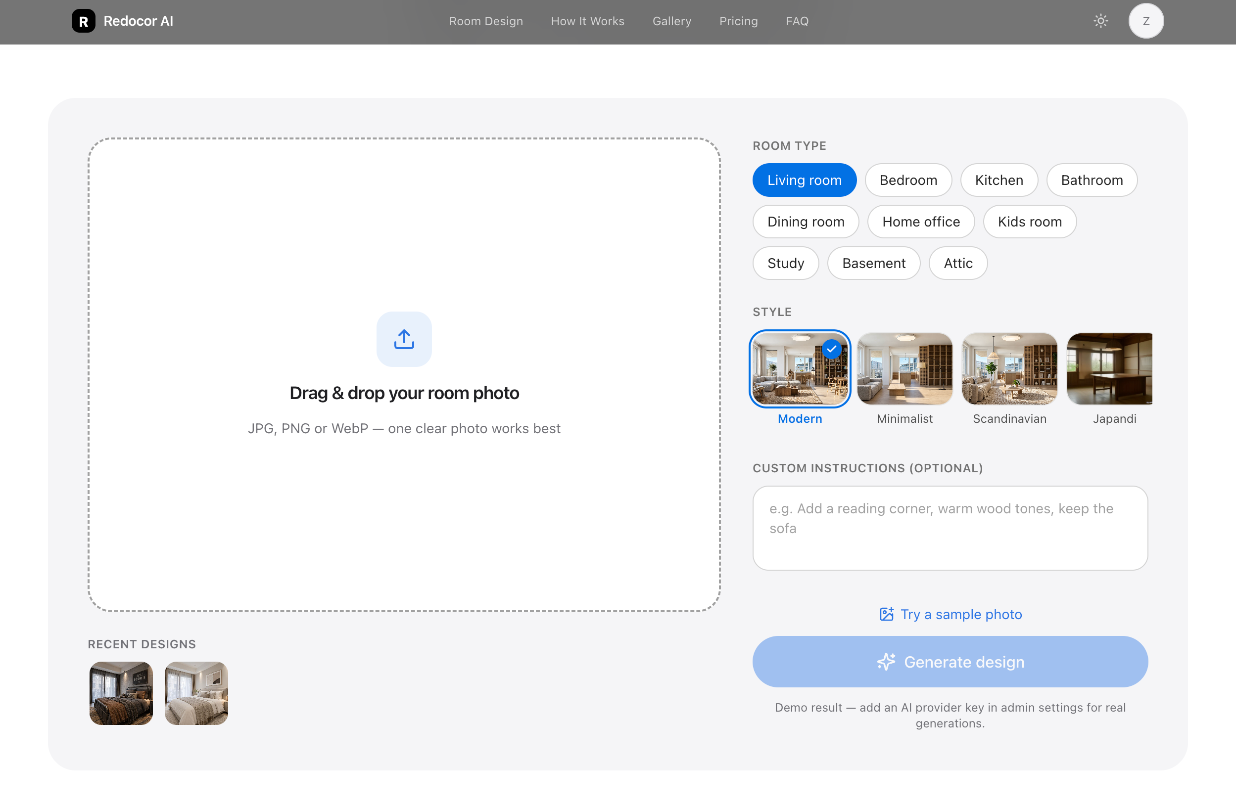 Redocor AI Interior Design product interface screenshot