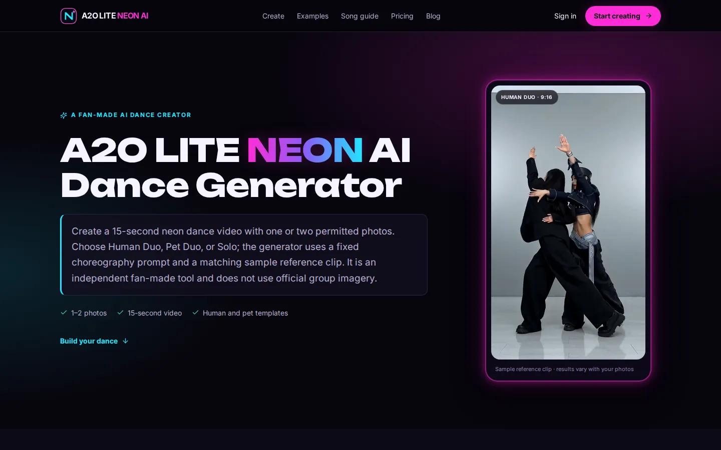 A2O LITE NEON AI Dance AI Video Generator product interface screenshot