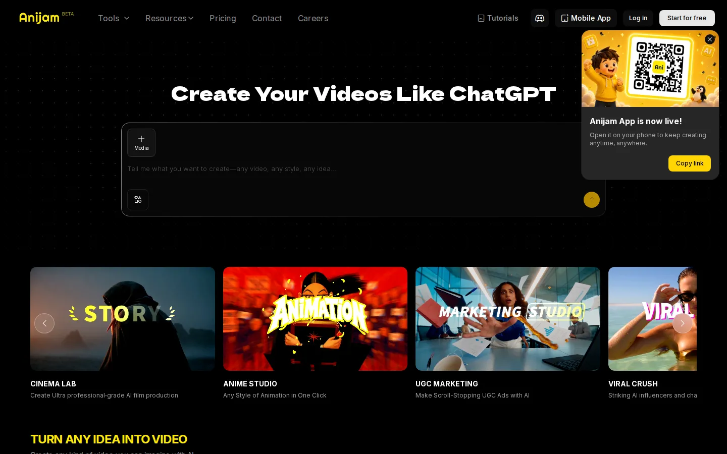 Anijam AI Video Generator product interface screenshot