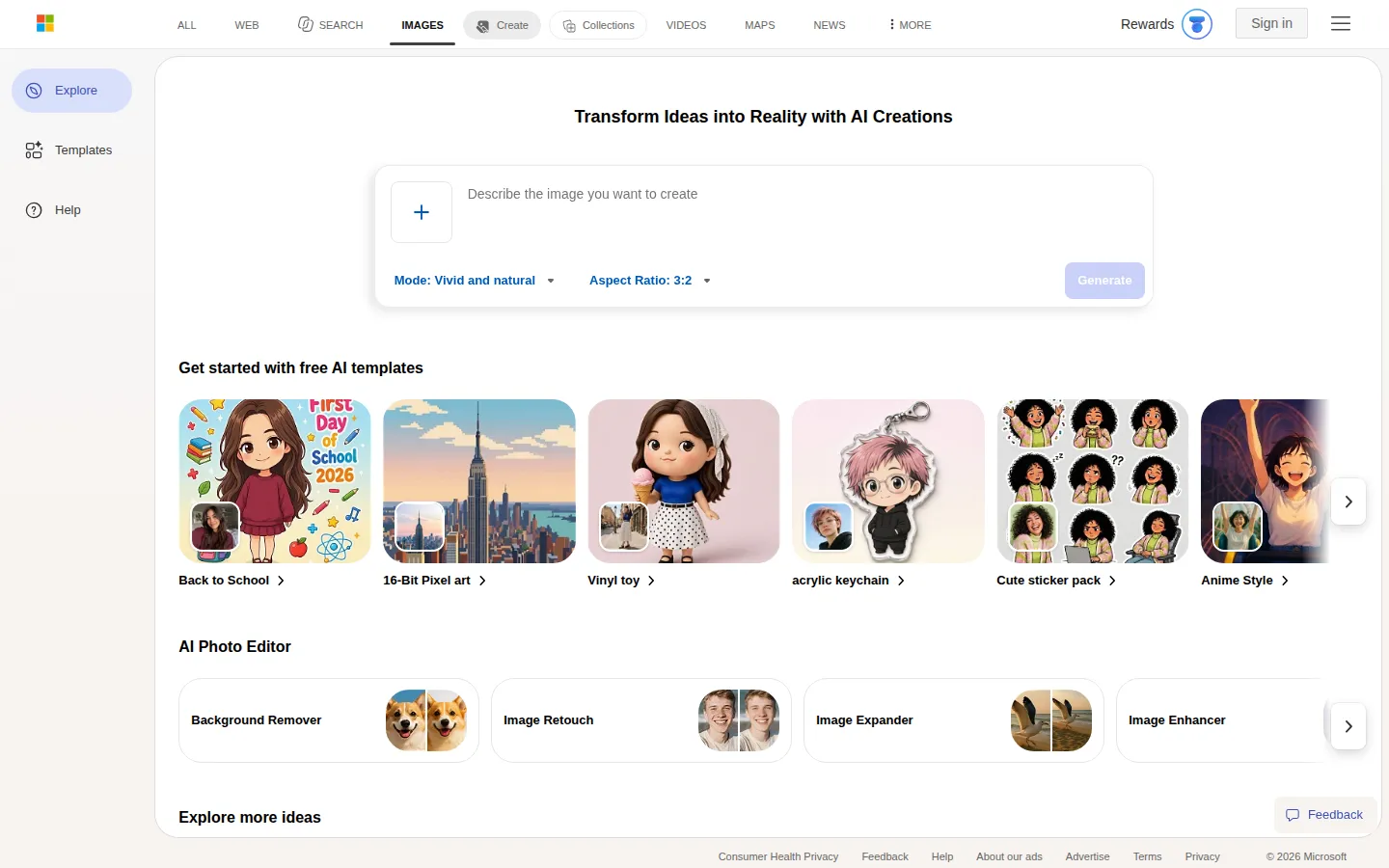Bing Image Creator AI Image Generator product interface screenshot
