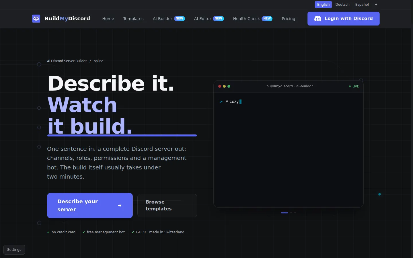 BuildMyDiscord AI App Builder product interface screenshot