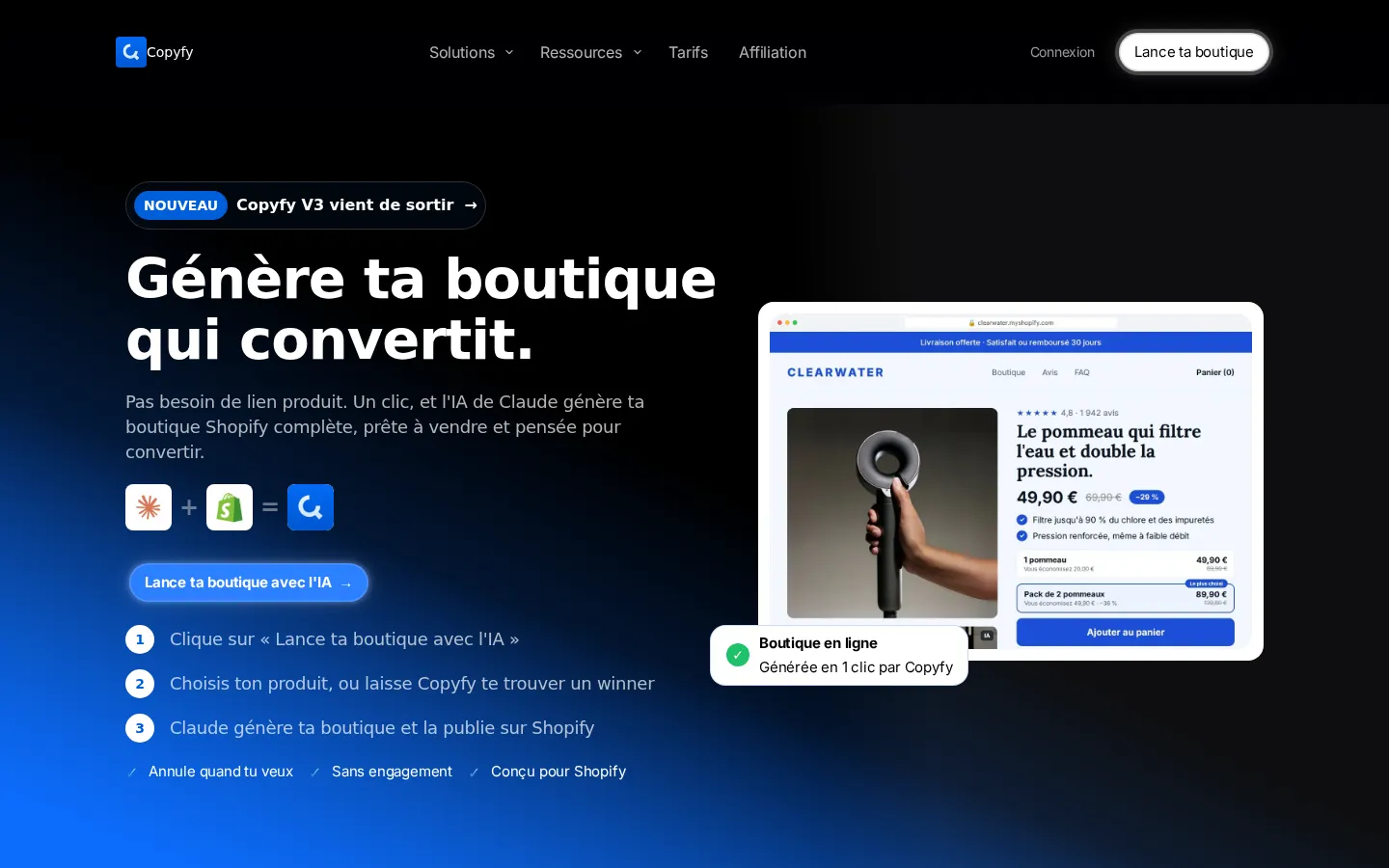 Copyfy AI Shopify Store Builder product interface screenshot