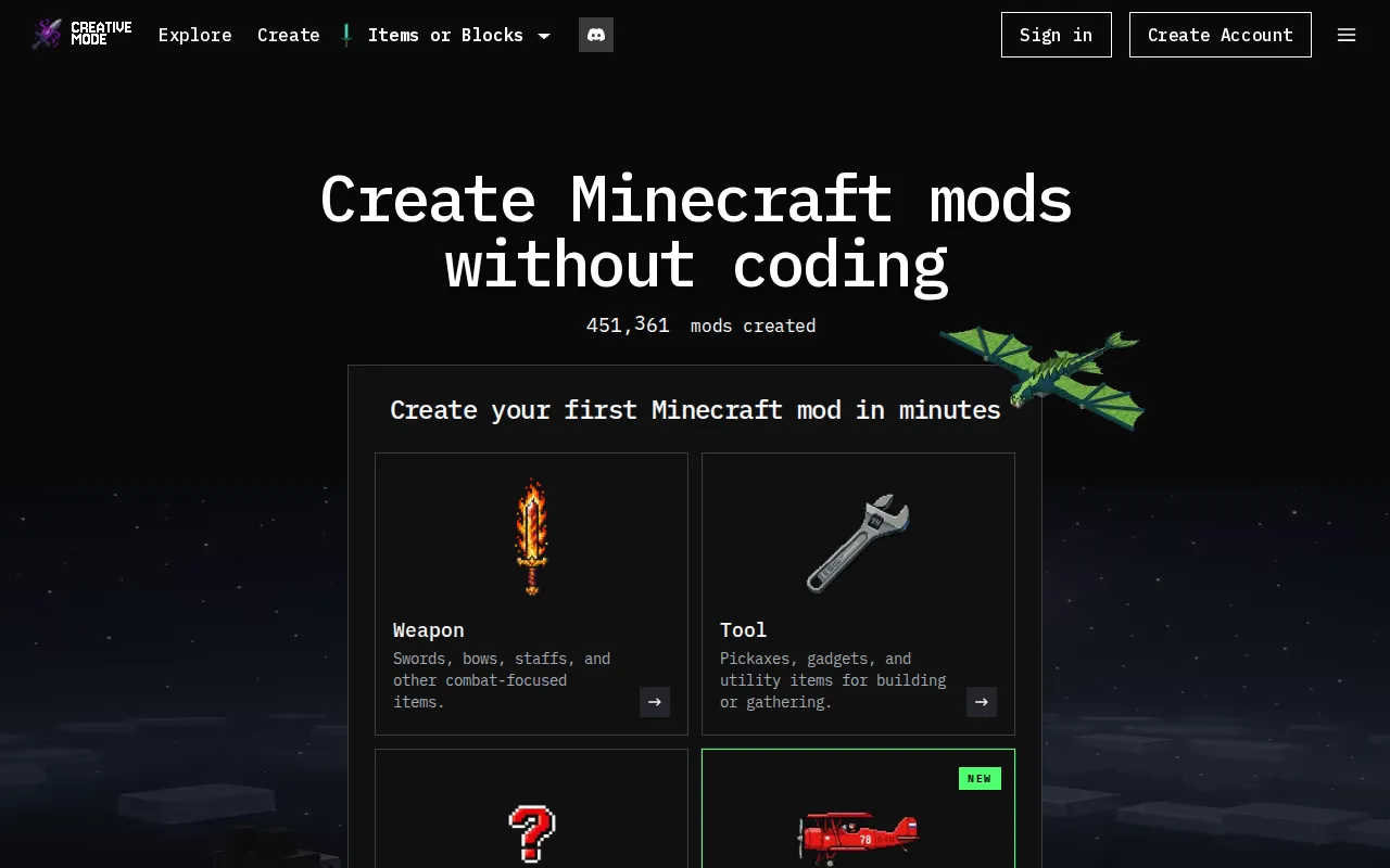 CreativeMode Minecraft AI product interface screenshot