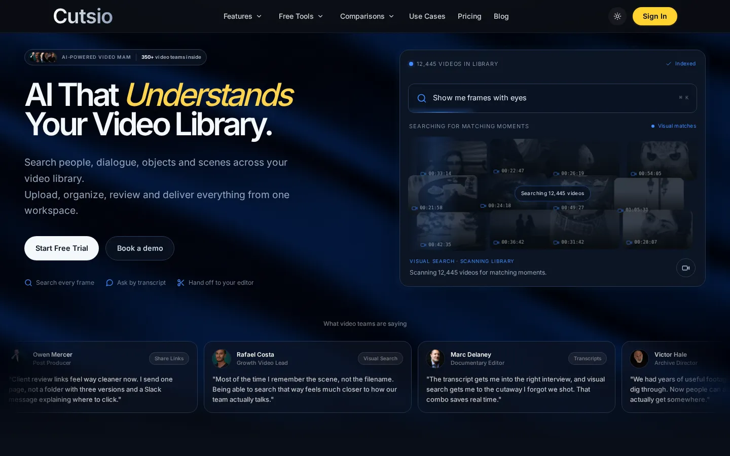 Cutsio AI Video Search product interface screenshot
