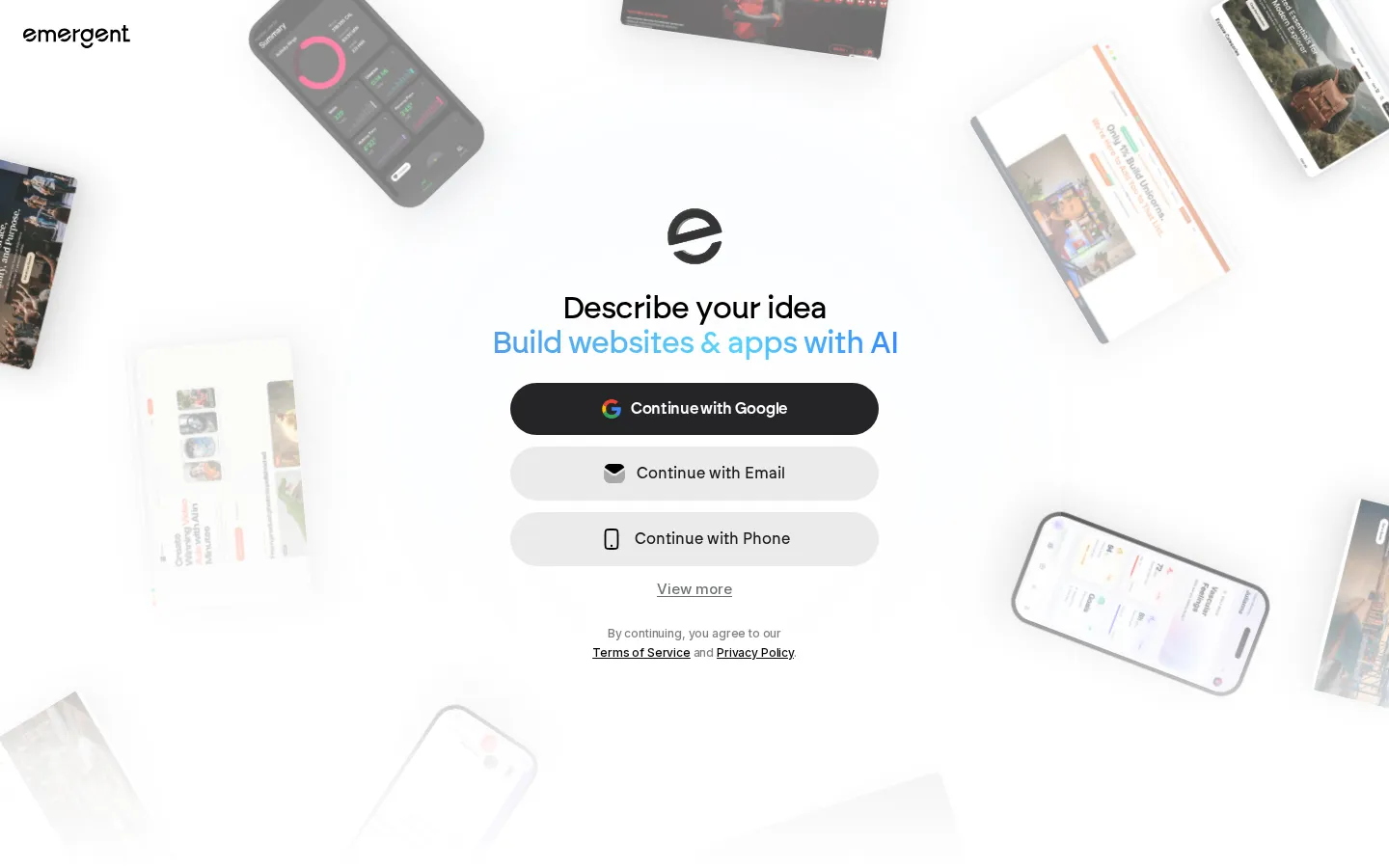 Emergent AI App Builder product interface screenshot