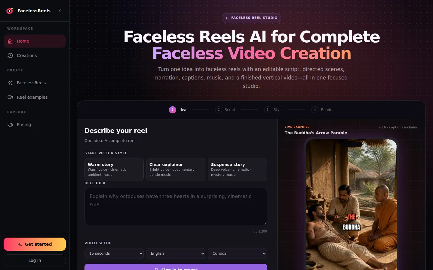 Faceless Reels AI AI Short Video Generator product interface screenshot