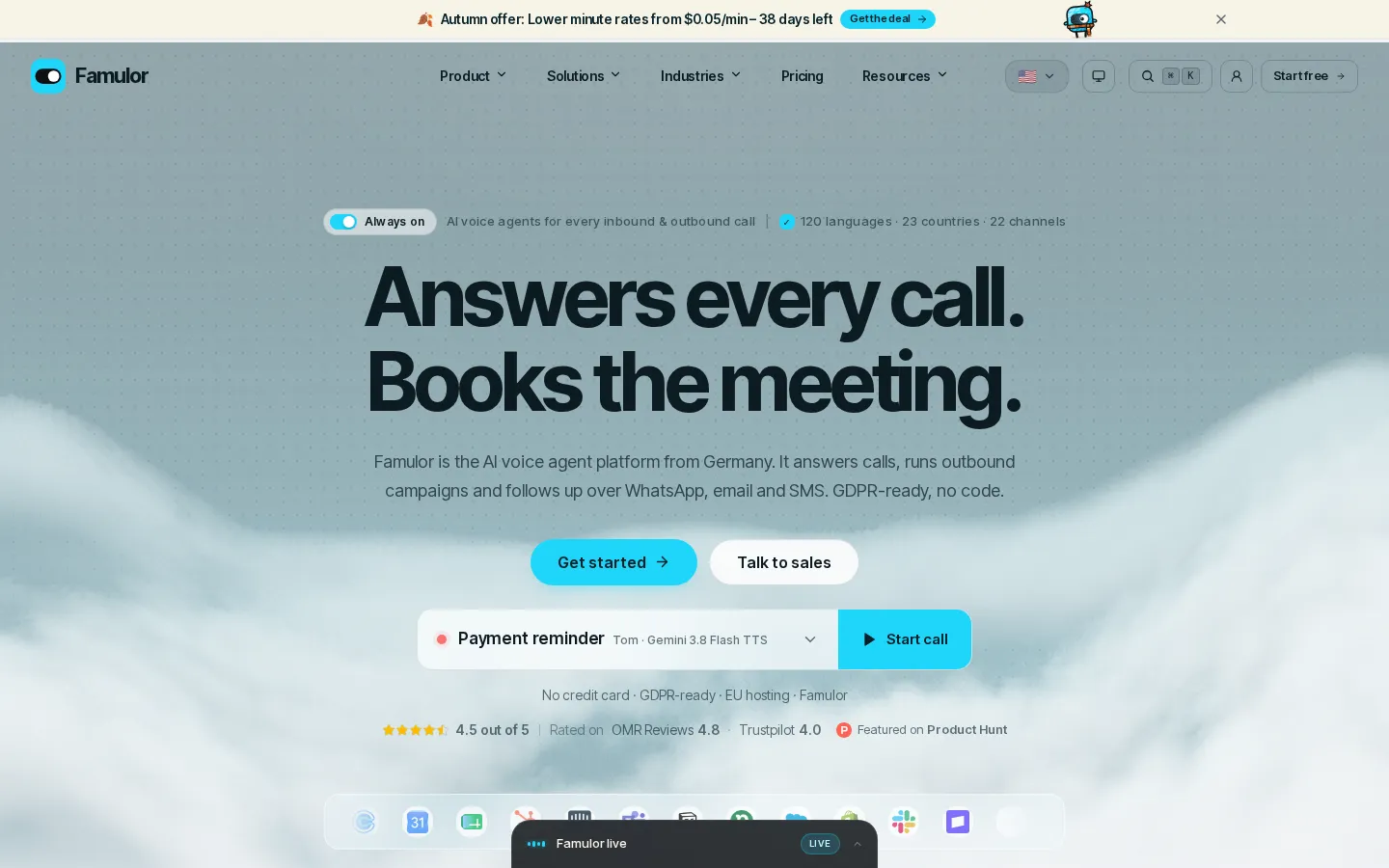Famulor AI Voice Assistants product interface screenshot