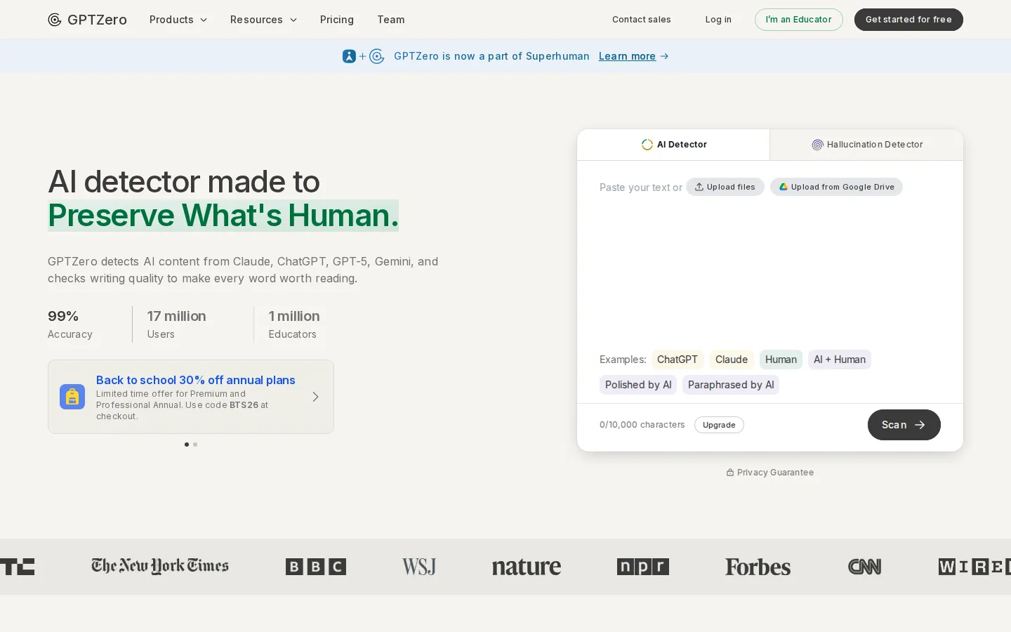 GPTZero AI Content Detector product interface screenshot