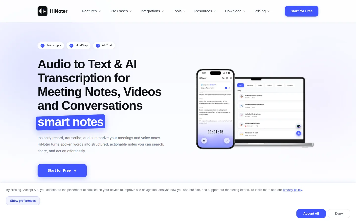 HiNoter AI Meeting Assistant product interface screenshot