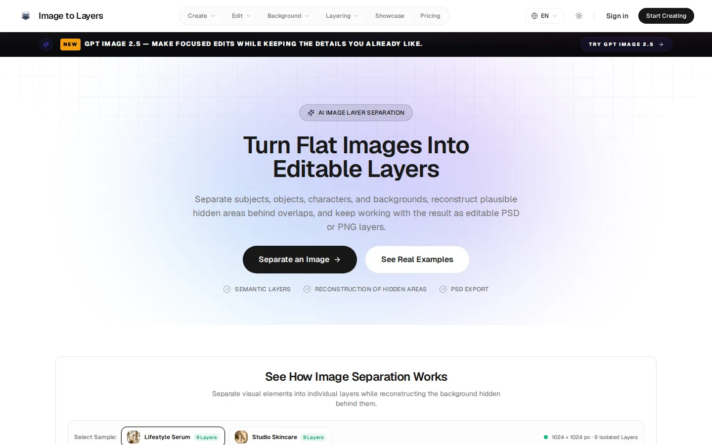 Image to Layers AI Photo Editor product interface screenshot