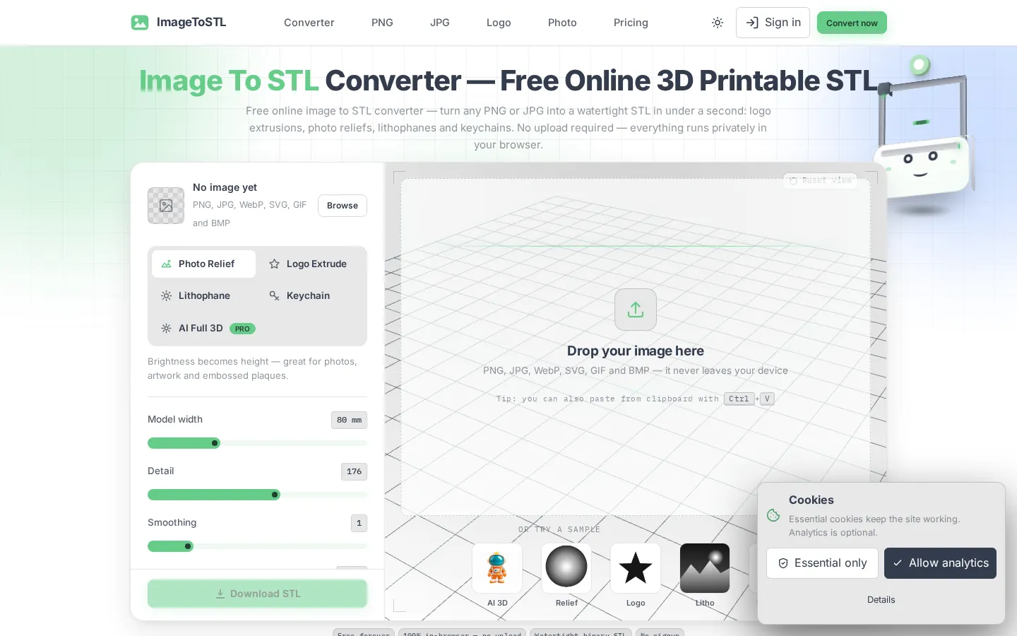 ImageToSTL.online AI 3D Model Generator product interface screenshot