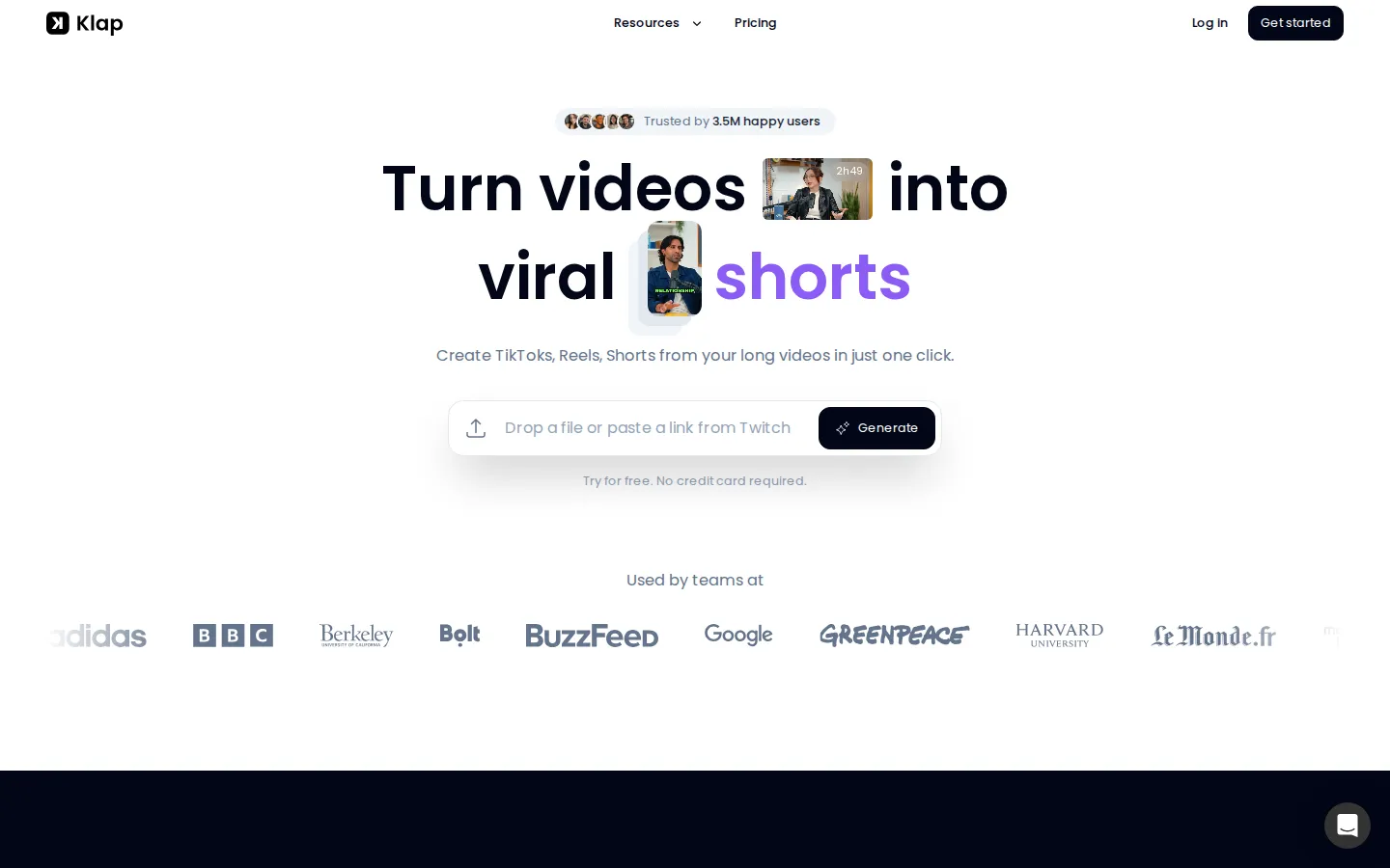 Klap AI Short Video Generator product interface screenshot