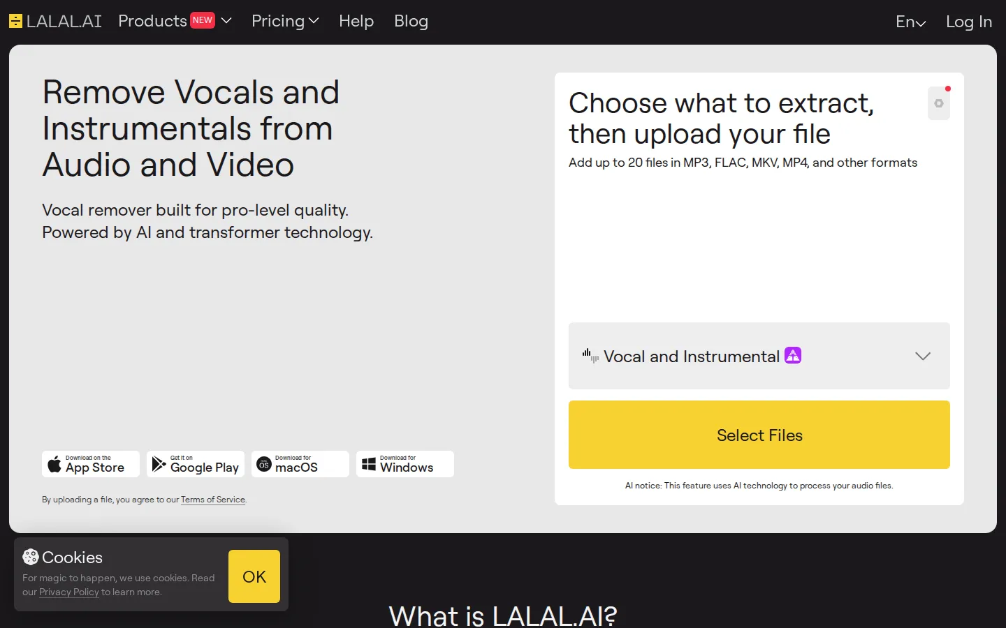 LALAL.AI AI Vocal Remover product interface screenshot