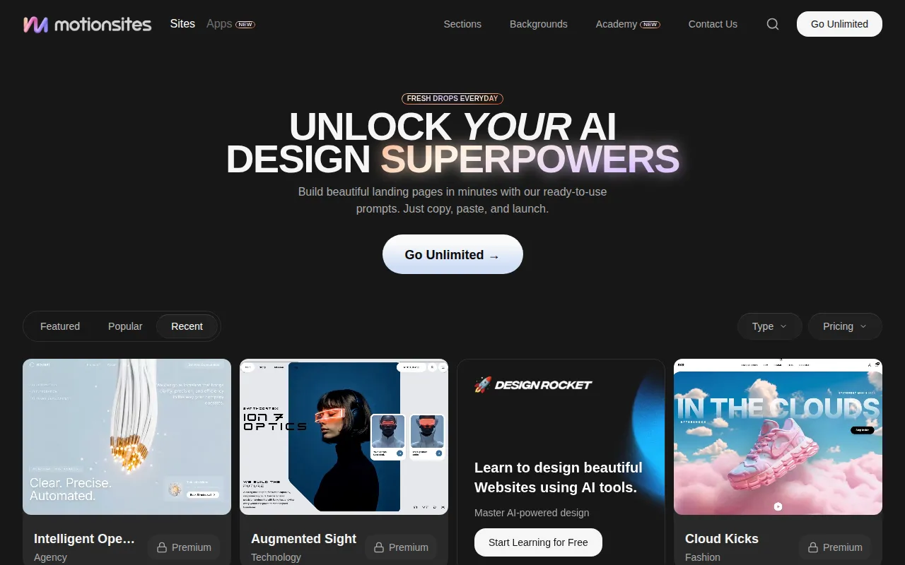 MotionSites AI AI Website Builder product interface screenshot