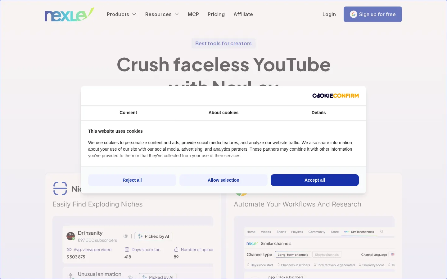 NexLev AI Youtube Video Maker product interface screenshot