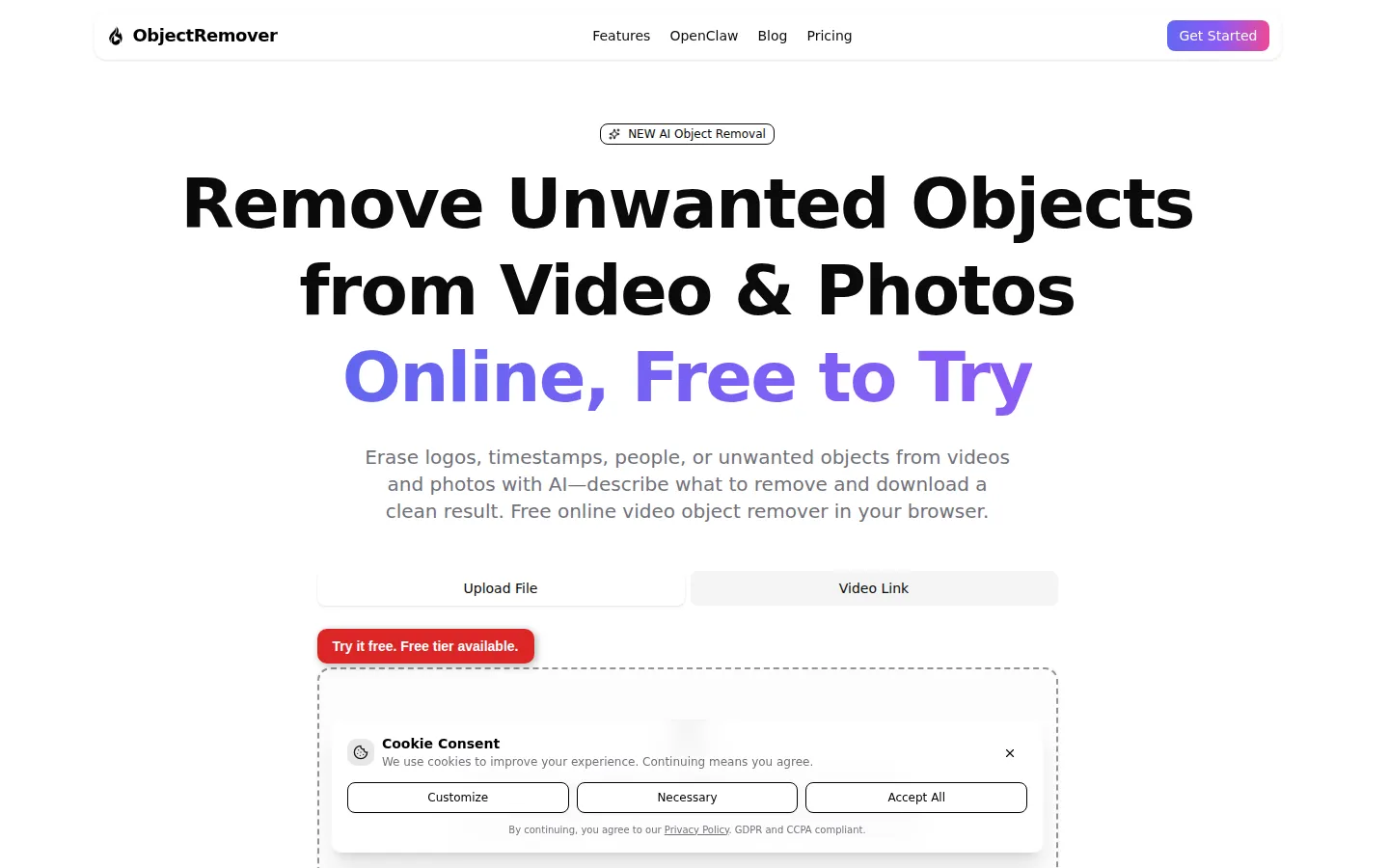 ObjectRemover AI Video Editor product interface screenshot