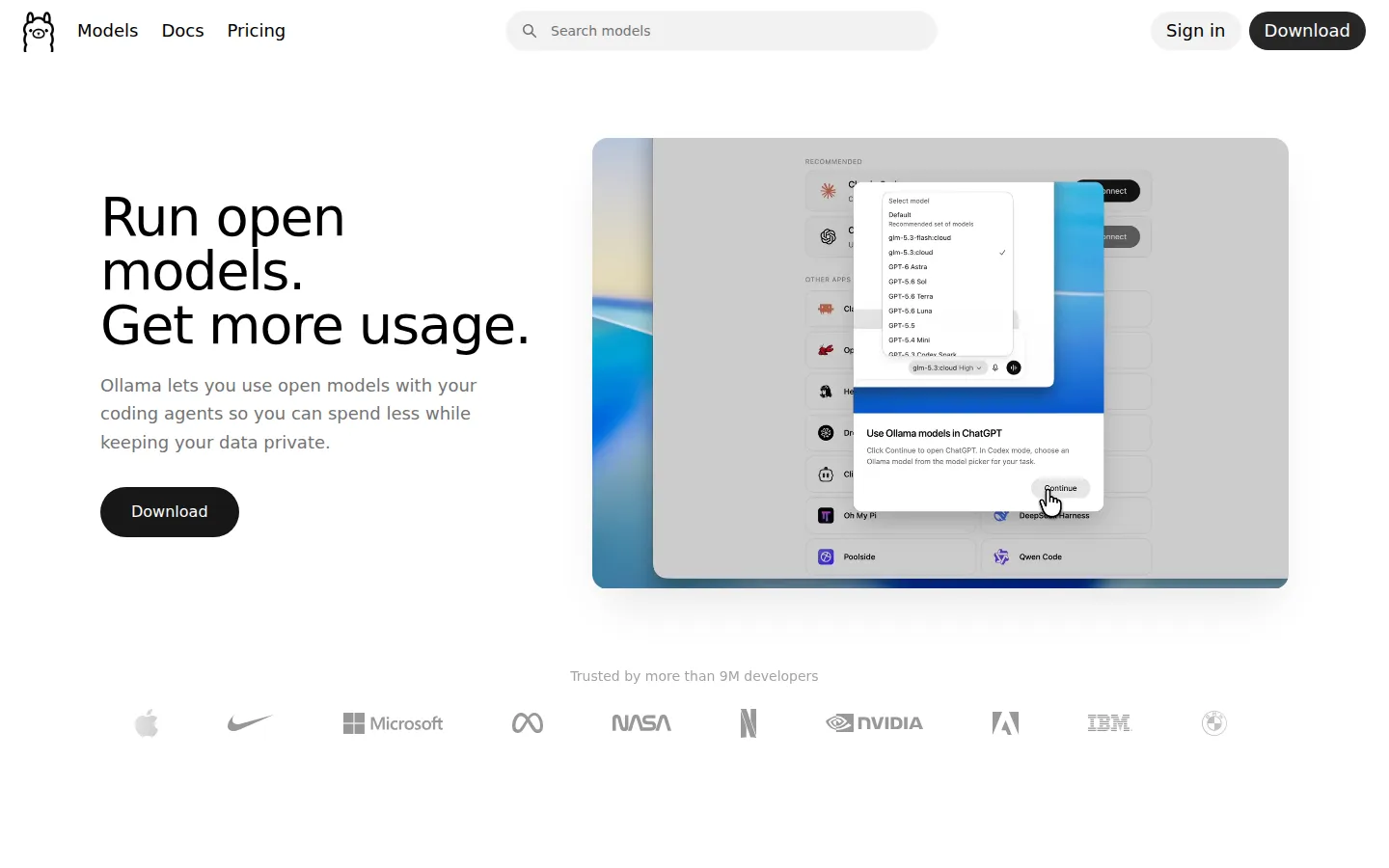Ollama AI Developer Tools product interface screenshot