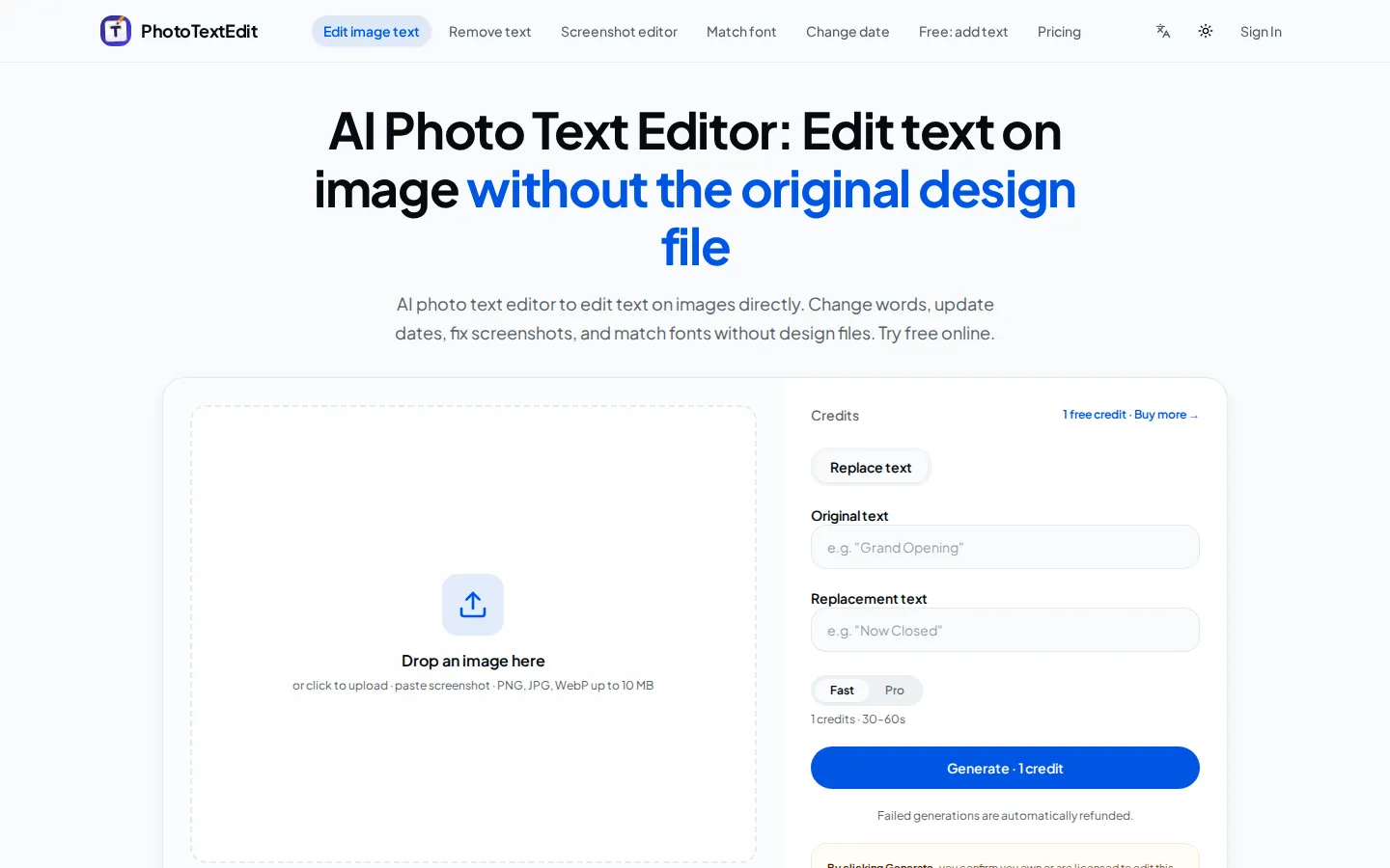 PhotoTextEdit AI Photo Editor product interface screenshot