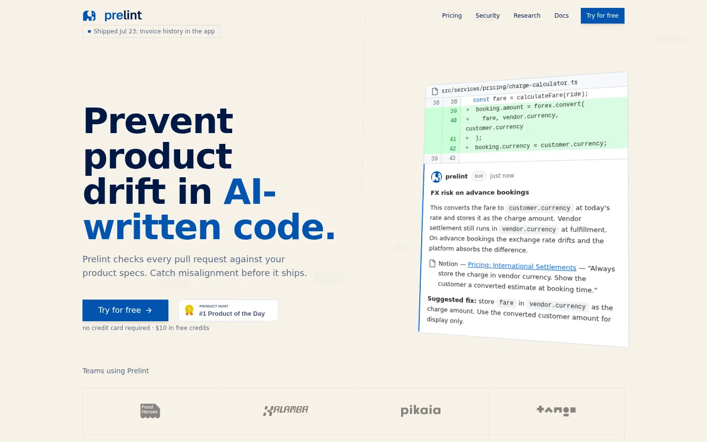 Prelint AI Code Review product interface screenshot