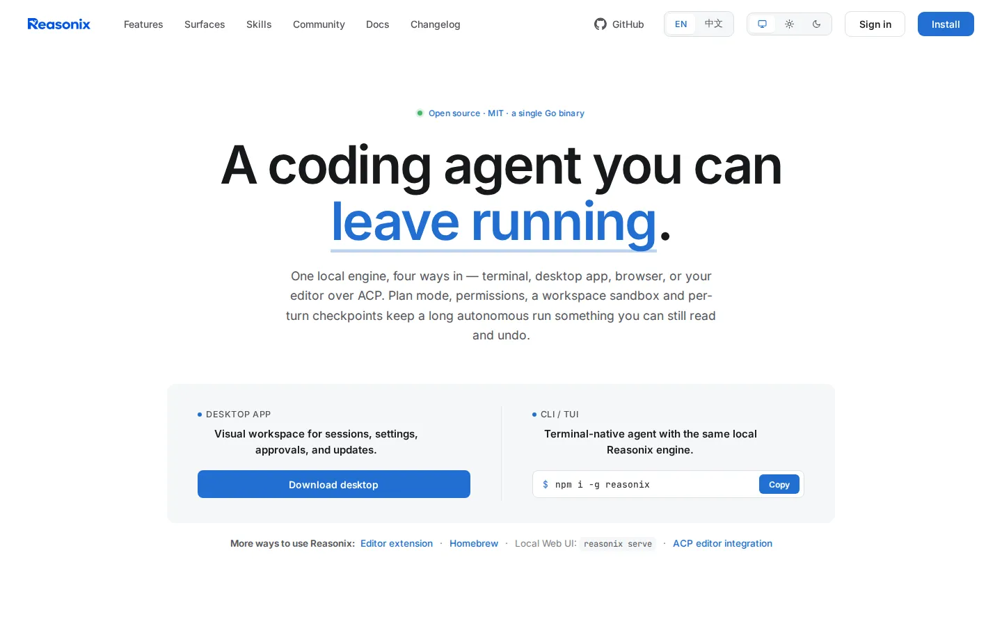Reasonix AI Developer Tools product screenshot
