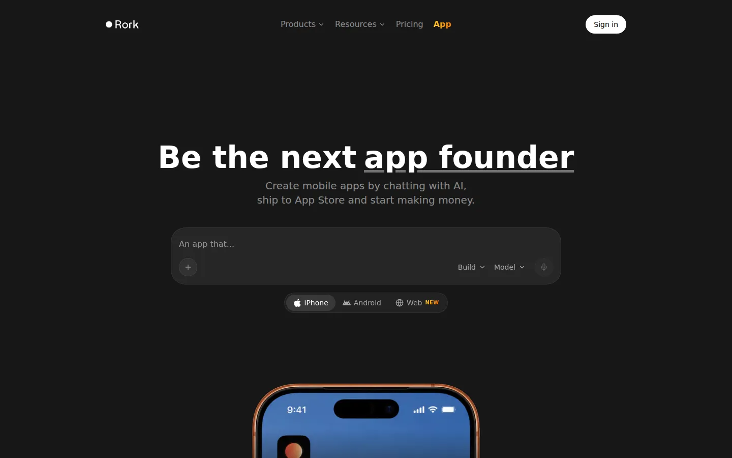 Rork AI App Builder product interface screenshot