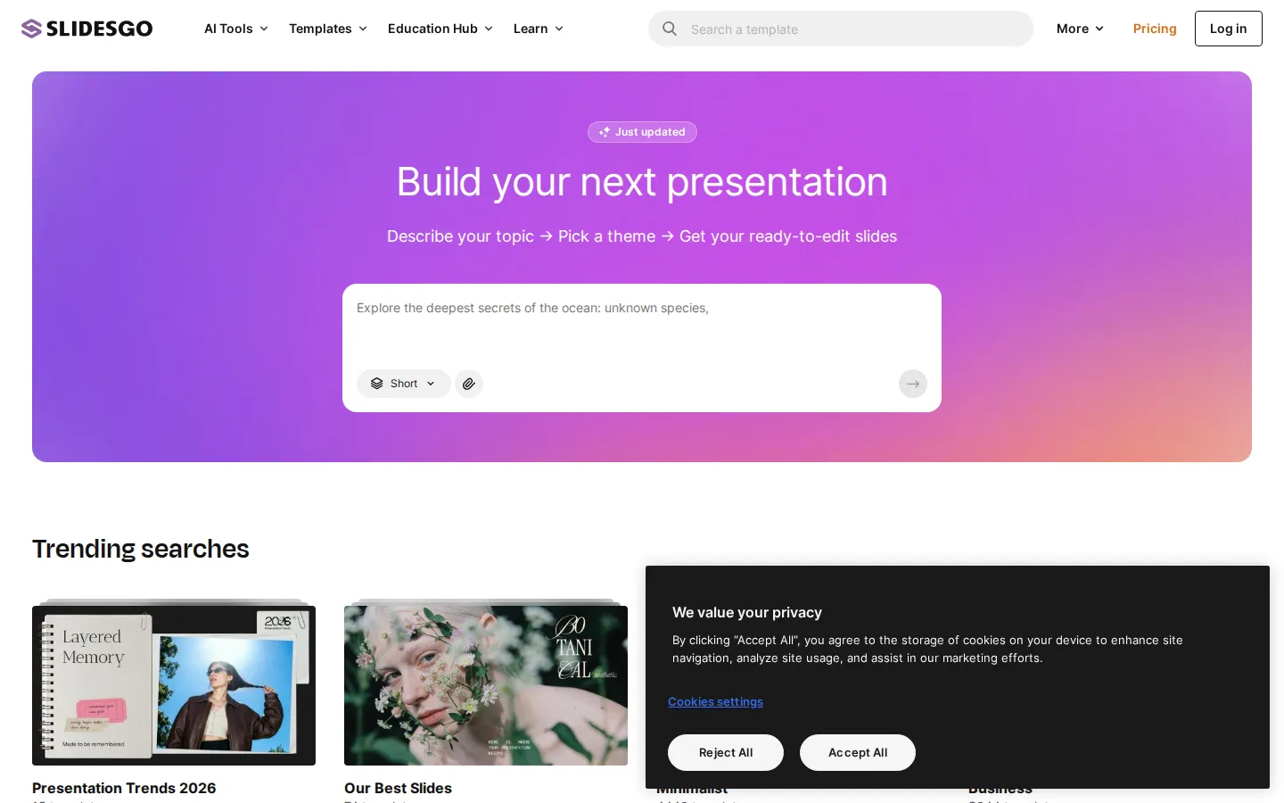 Slidesgo AI Presentation Generator product interface screenshot